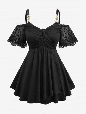 Plus Size Floral Lace Jacquard Embroidery Sleeve Cold Shoulder Crossover Top - BLACK - M | US 10