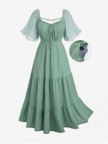 Plus Size Chiffon Sleeves Textured Tied Butterfly Decor Strap Pockets A Line Dress - GREEN - L | US 12