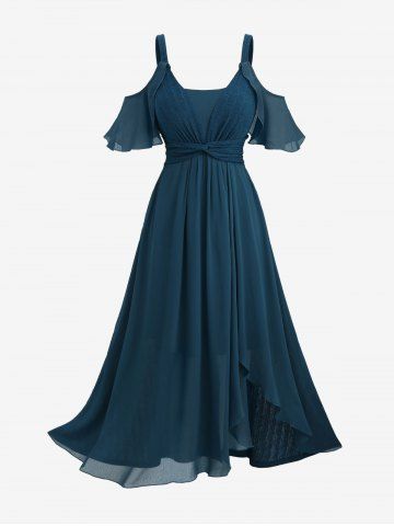 Plus Size Tulip Hem Twist Textured Ruffles Cold Shoulder Dress - DEEP BLUE - 5X | US 30-32