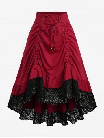 Plus Size Floral Lace Trim Lace-up Cinched Two Tone Patchwork A Line Skirt - BLACK - 4X | US 26-28
