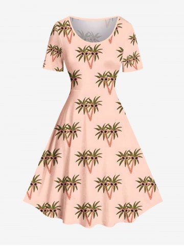 Plus Size Cartoon Coconut Tree Print Hawaii A Line Dress - LIGHT ORANGE - S