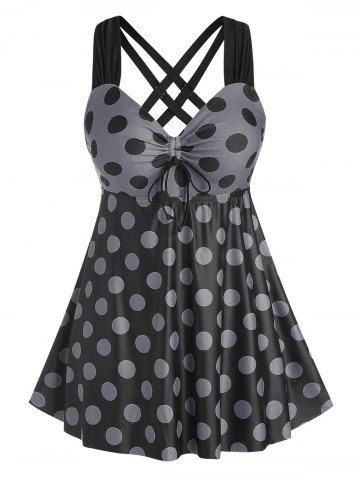 Plus Size & Curve Cinched Polka Dot Crisscross Tankini Swimsuit - GRAY - 1X