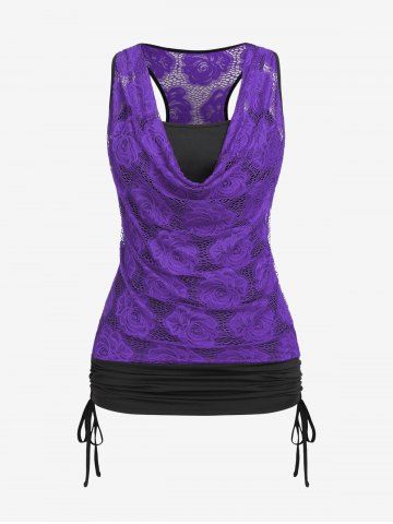 Plus Size Cowl Neck Cinched Rose Lace Tank Top - PURPLE - 5X | US 30-32