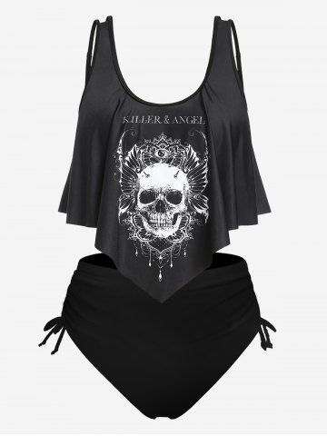 Plus Size & Curve Gothic Skull Print Ruffled Overlay Tankini Swimwear - MULTI - L