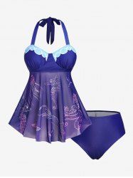 Plus Size Mesh Panel Marine Life Printed Padded Halter Tankini Swimsuit -  
