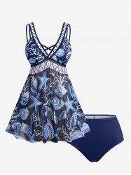 Maillot de Bain Tankini Tendance avec Croisés dans le Dos et à Imprimé Coquillages et Etoiles de Mer (Réglable) - Bleu profond L | US 12