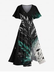 Robe Mi-Longue Hawaïen Fendue Feuille Eclaboussée Imprimée en Blocs de Couleurs de Grande Taille - Noir 5X