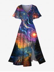 Robe Hawaïen Mi-Longue Fendue Arbre Lune et Peinture à L'Huile Imprimés de Grande Taille - Multi-A XXS