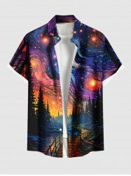 Plus Size Oil Painting Galaxy Moon Trees Bridge Print Buttons Pocket Hawaii Shirt For Men -  