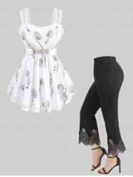 Rose Print Surplice Tank Top and Scalloped Tassel Lace Trim Flare Pants Plus Size Outfit -  
