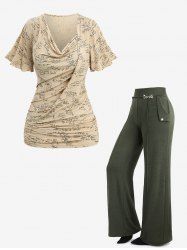 Mathematical Formula Print Asymmetrical T-shirt and Buttons Wide Leg Pants Plus Size Outfit -  