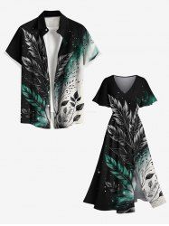 Ombre Colorblock Leaf Ink Splatter Print Plus Size Matching Hawaii Beach Outfit For Couples -  