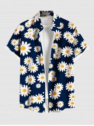 Plus Size Daisy Flower Print Hawaii Button Pocket Shirt For Men -  