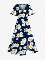 Plus Size Daisy Flower Print Hawaii Split Pocket A Line Midi Dress -  