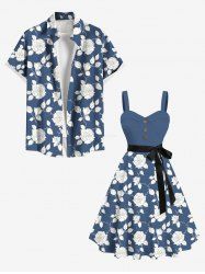 Flower Leaf Branch Two Tone Print Plus Size Matching Hawaii Beach Outfit For Couples -  