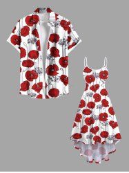 Tenue de plage hawaïenne assortie grande taille à imprimé branches de fleurs pour couples - Rouge 