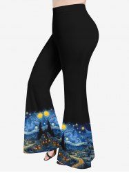 Plus Size Oil Painting Swirls Galaxy Moon Mountains Print Flare Pants -  