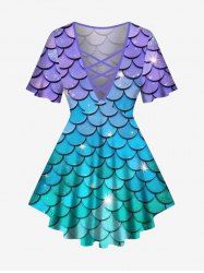 Plus Size 3D Glitter Ombre Mermaid Scales Print Hawaii Lattice T-shirt -  