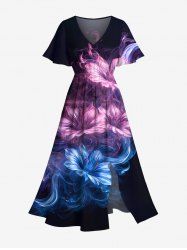 Plus Size Mysterious Flowers Glitter 3D Print Split Hawaii Midi Dress -  