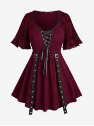 Plus Size Skulls Stars Mesh Flocking Sleeves Lace Up Grommet Buckle Straps Crinkle Top -  