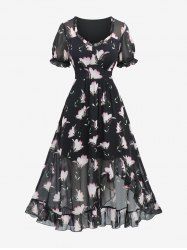 Robe mi-longue asymétrique en mousseline de soie à volants et imprimé floral grande taille - Noir 2X | US 18-20
