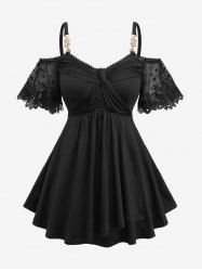 Plus Size Floral Lace Jacquard Embroidery Sleeve Cold Shoulder Crossover Top -  