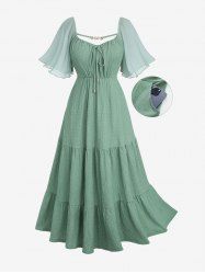 Plus Size Chiffon Sleeves Textured Tied Butterfly Decor Strap Pockets A Line Dress -  