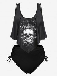 Plus Size & Curve Gothic Skull Print Ruffled Overlay Tankini Swimwear -  