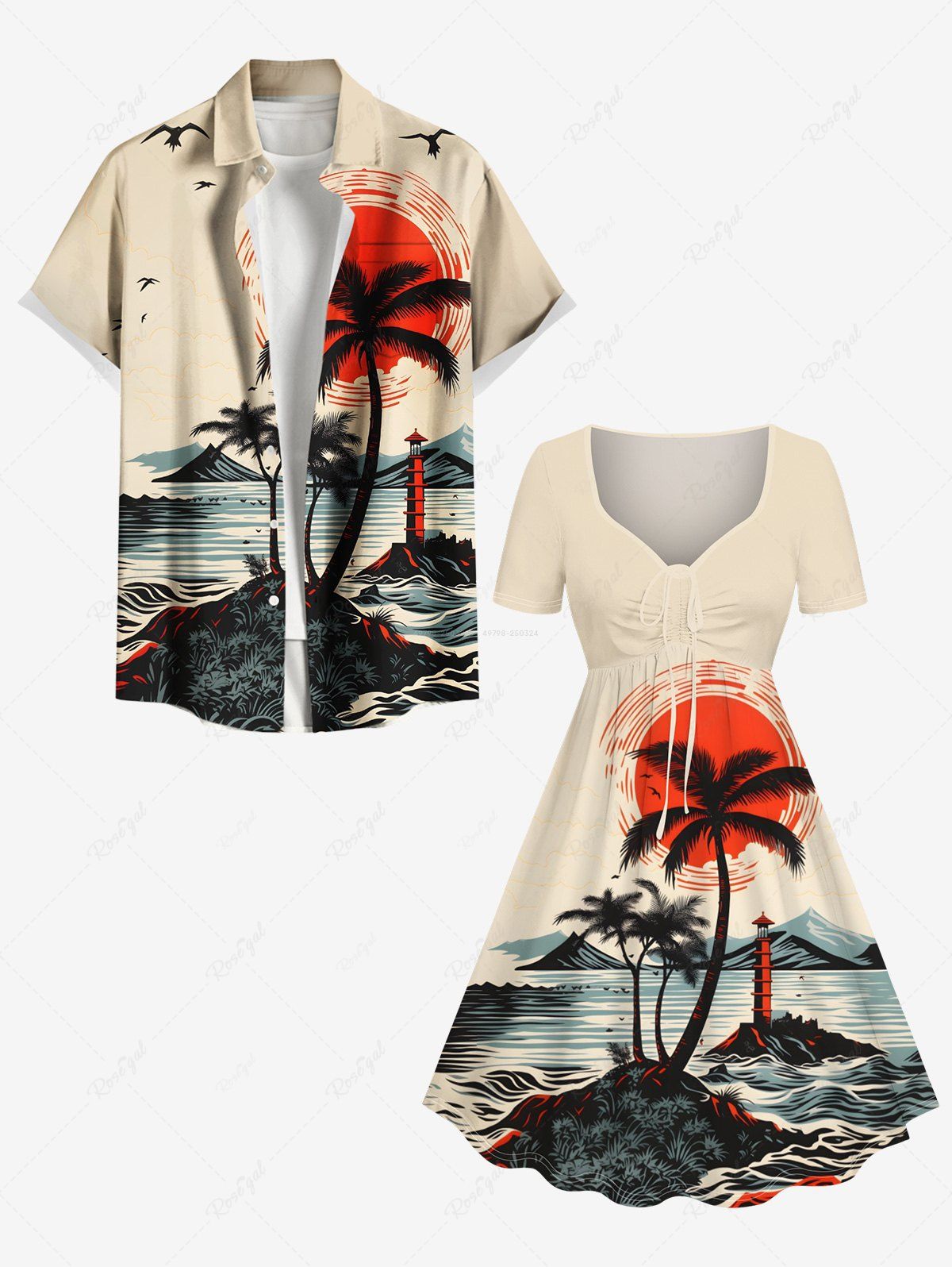Hawaii Grande Taille Imprimé Soleil D'arbre Derrière la Plage Noir Beige 