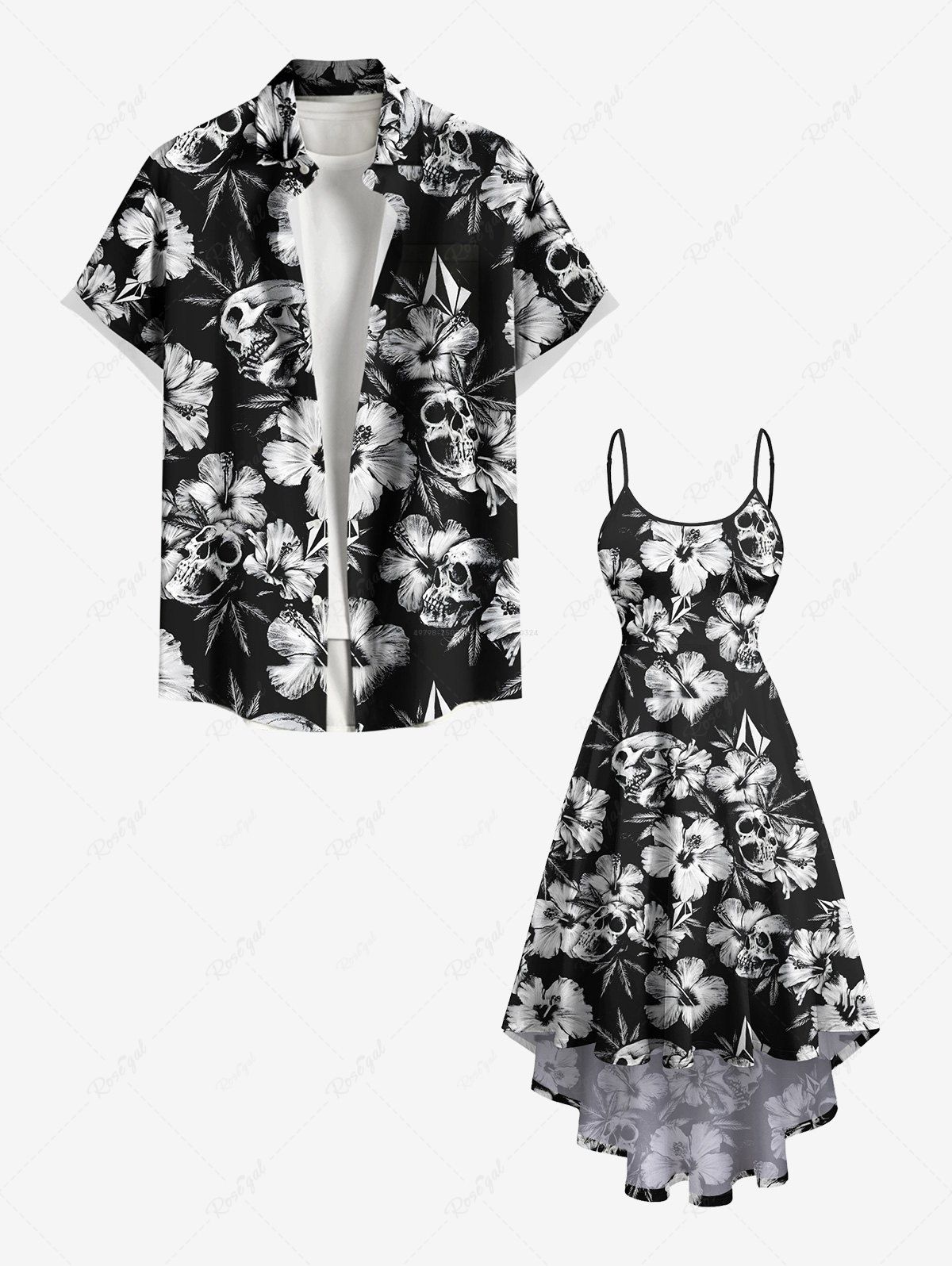 Unique Tropical Flower Skulls Print Plus Size Matching Hawaii Beach Outfit For Couples  