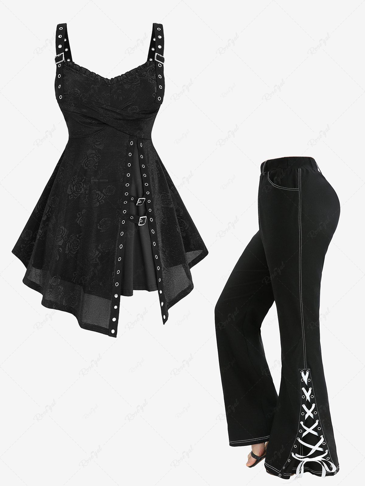 Cheap Rose Flower Print Crossover Bust Ribbed Top and Split Lace Up Topstitching Pocket Flare Pants Plus Size Outfit  