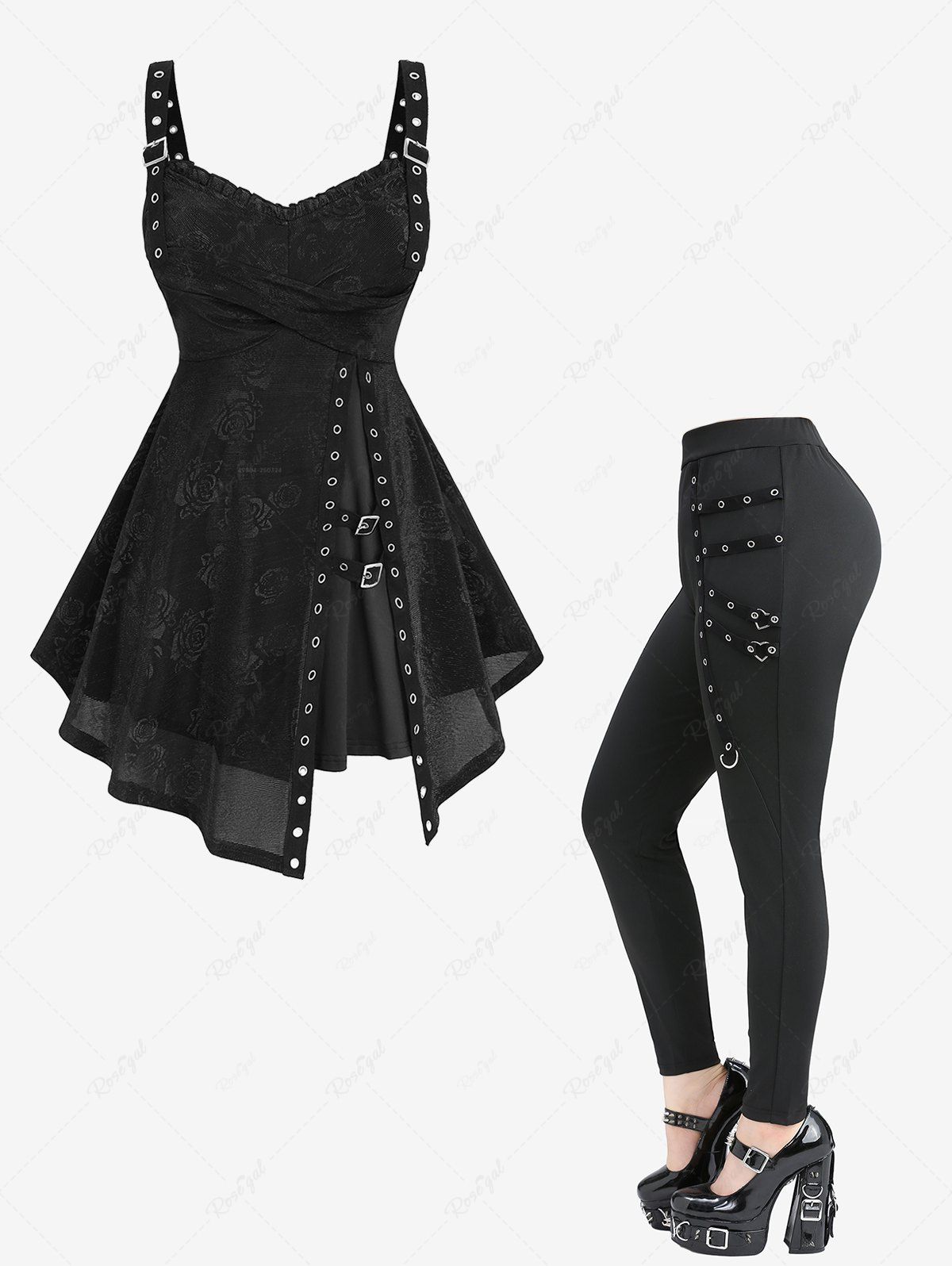 Affordable Rose Flower Print Split Layered Ribbed Top and Straps Grommet D-Ring Heart Buckle Leggings Plus Size Outfit  