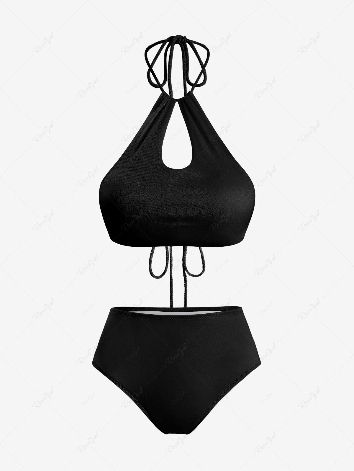 Maillot de Bain Tankini Evidé sans Dos en Couleur Unie à Col Halter Noir 3XL