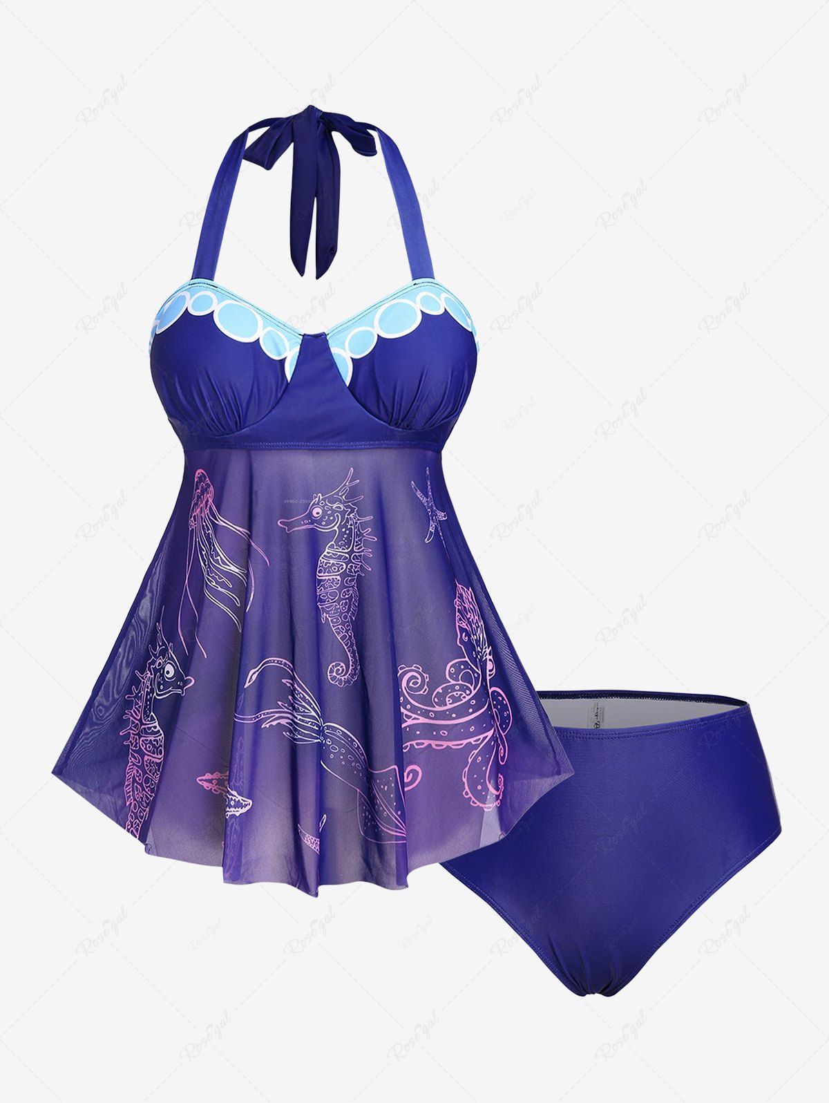 Shop Plus Size Mesh Panel Marine Life Printed Padded Halter Tankini Swimsuit  