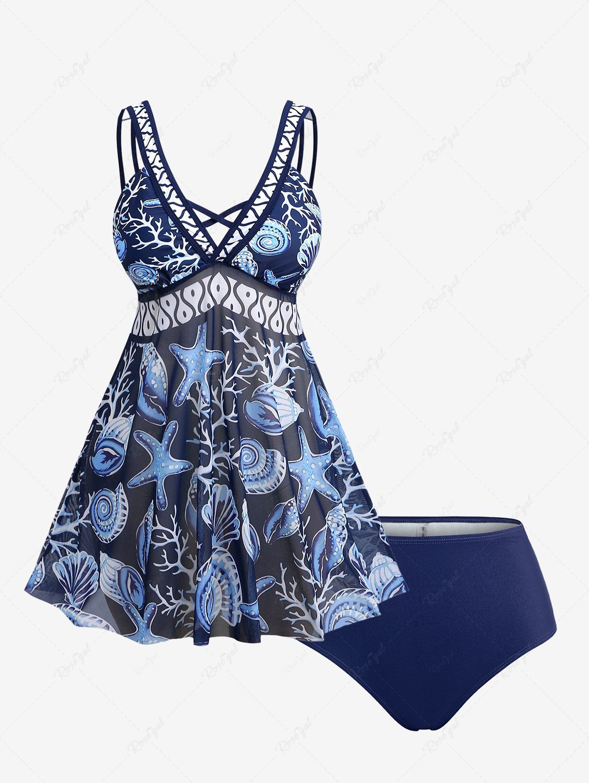 Outfits Fashion Shell Starfish Coral Underwater World Print Crisscross Backless Tankini Swimsuit (Adjustable Shoulder Strap)  