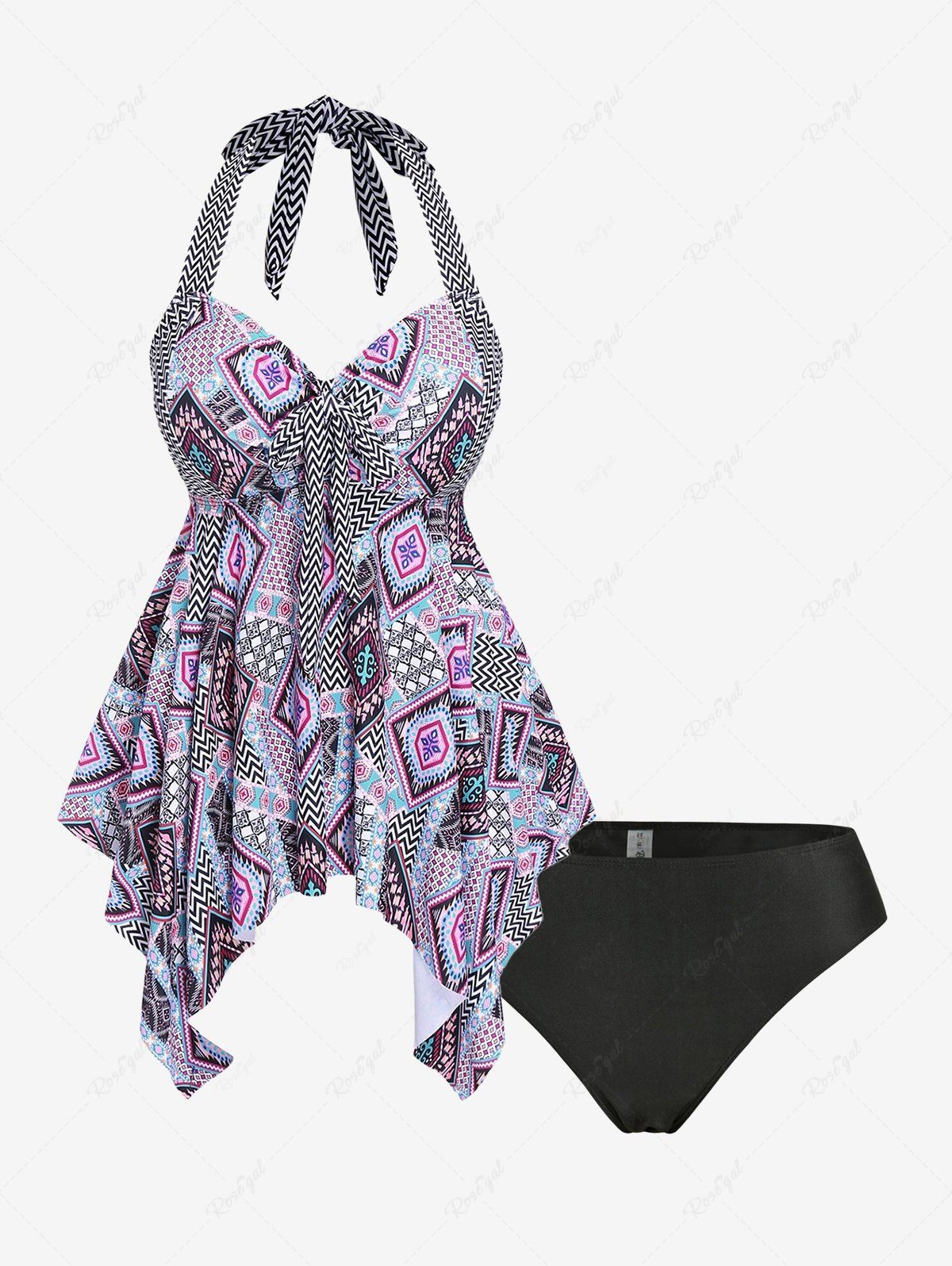 Store Plus Size Geo Bowknot Cutout Halter Backless Handkerchief Tankini Swimsuit  
