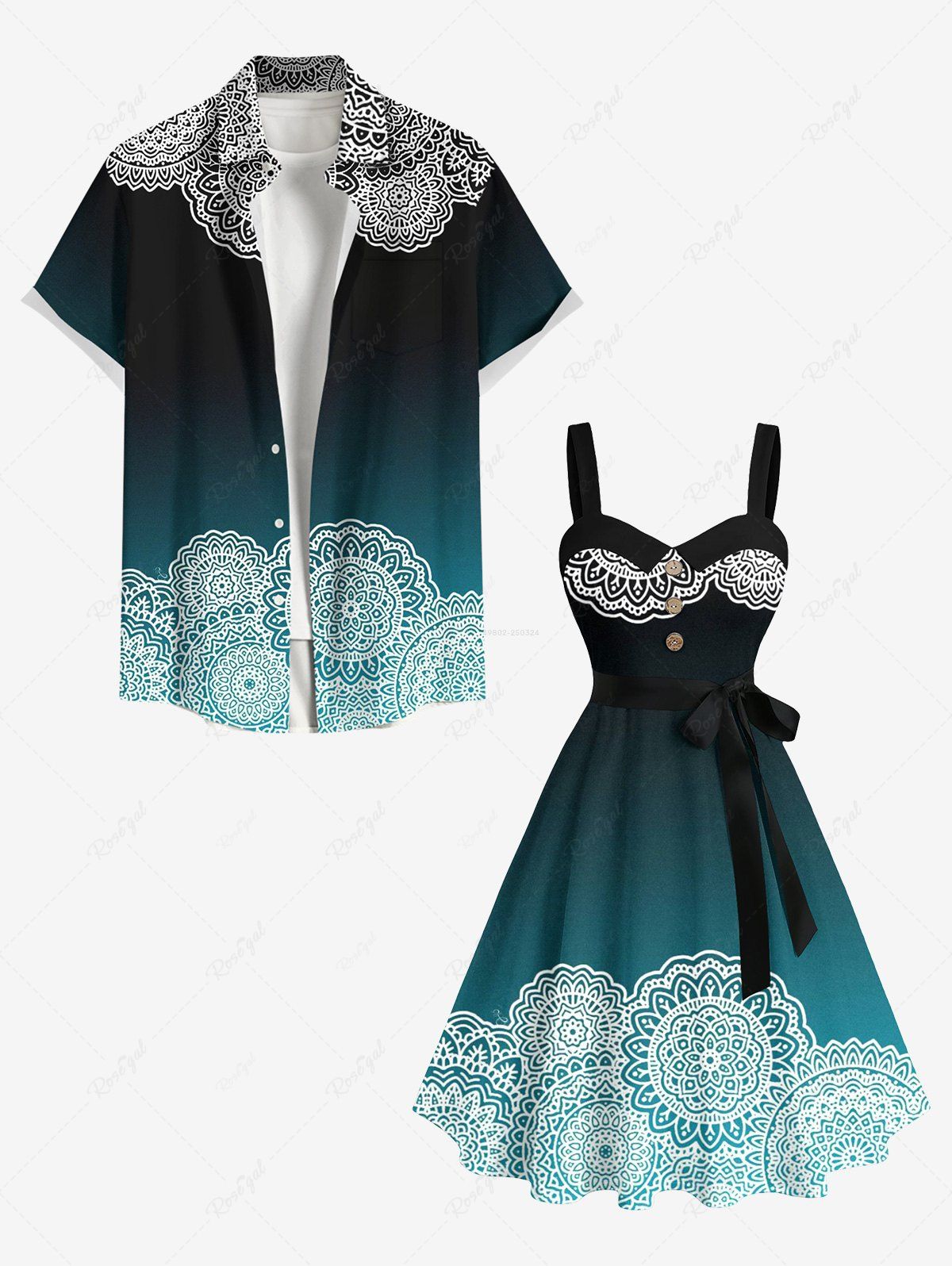 Tenue de plage hawaïenne assortie grande taille à imprimé ethnique floral vintage pour couples Vert 