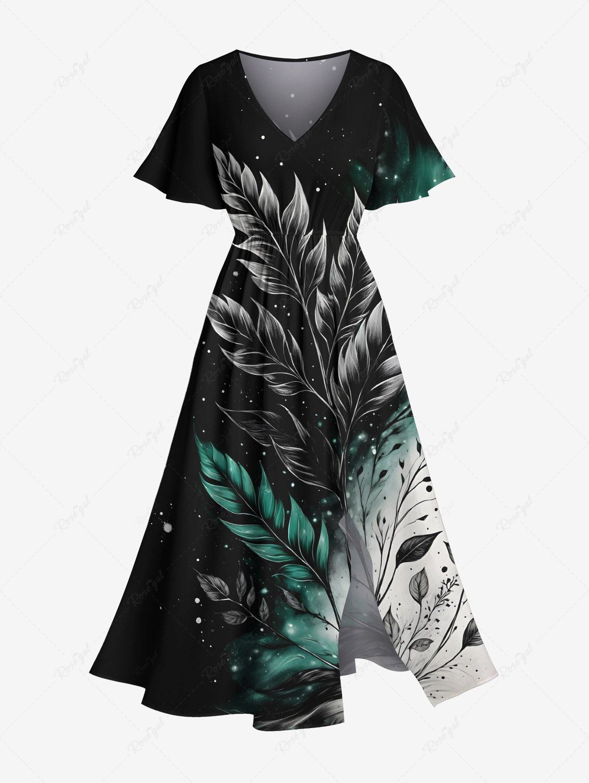 Sale Plus Size Ombre Colorblock Leaf Ink Splatter Print Split Hawaii Midi Dress  