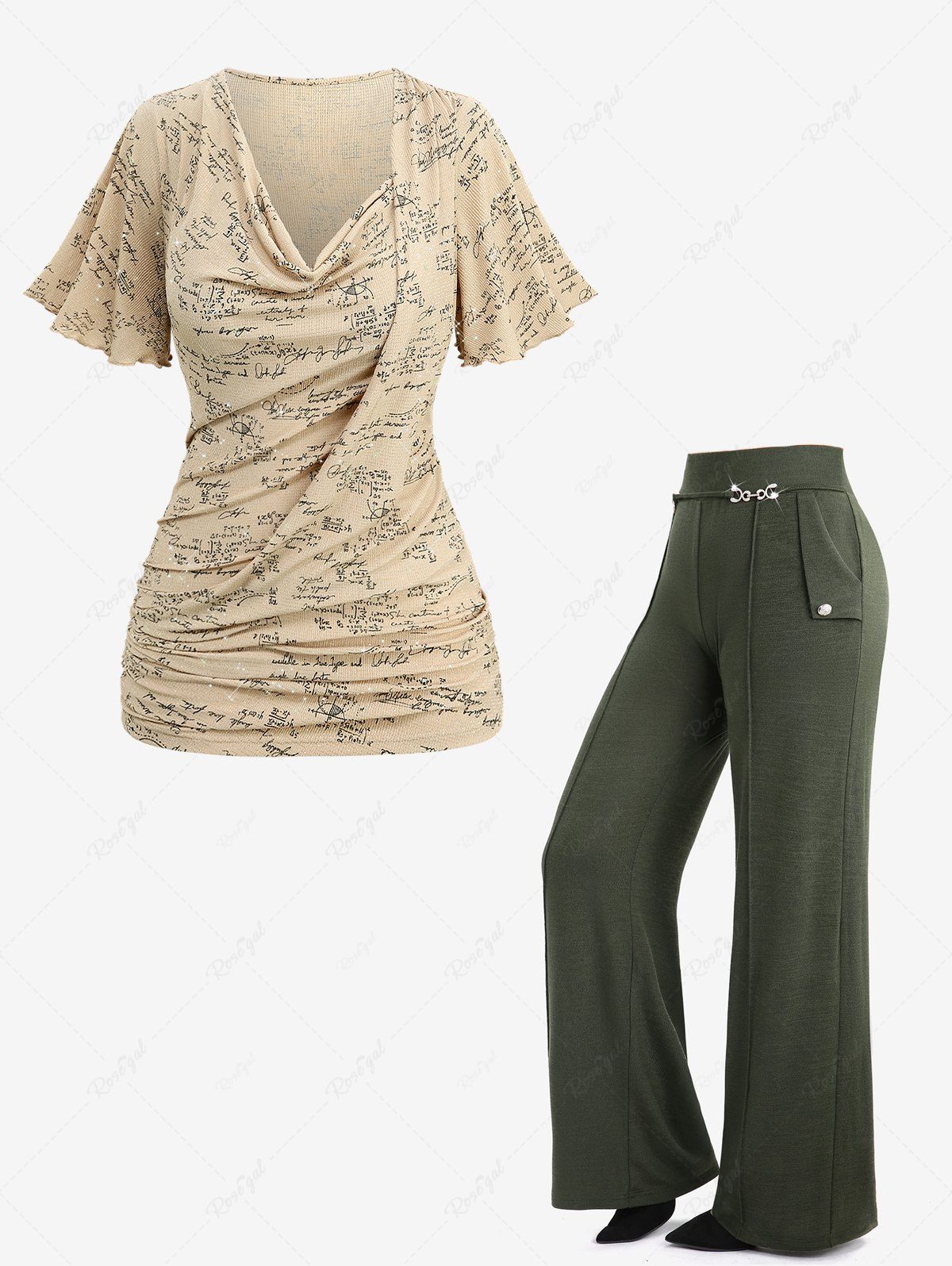 Hot Mathematical Formula Print Asymmetrical T-shirt and Buttons Wide Leg Pants Plus Size Outfit  