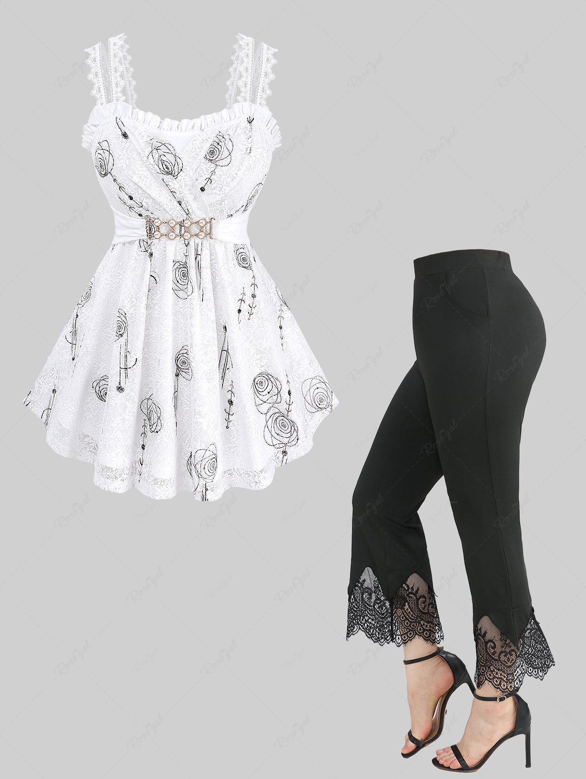 Shop Rose Print Surplice Tank Top and Scalloped Tassel Lace Trim Flare Pants Plus Size Outfit  