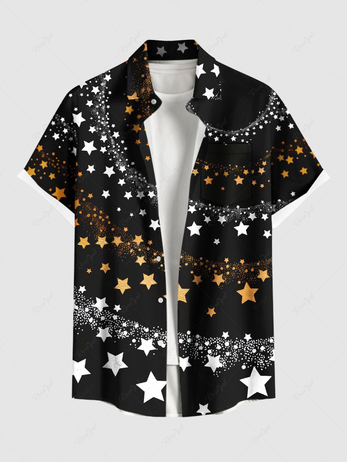 Discount Plus Size Two Tone Stars Galaxy Print Hawaii Button Pocket Shirt For Men  
