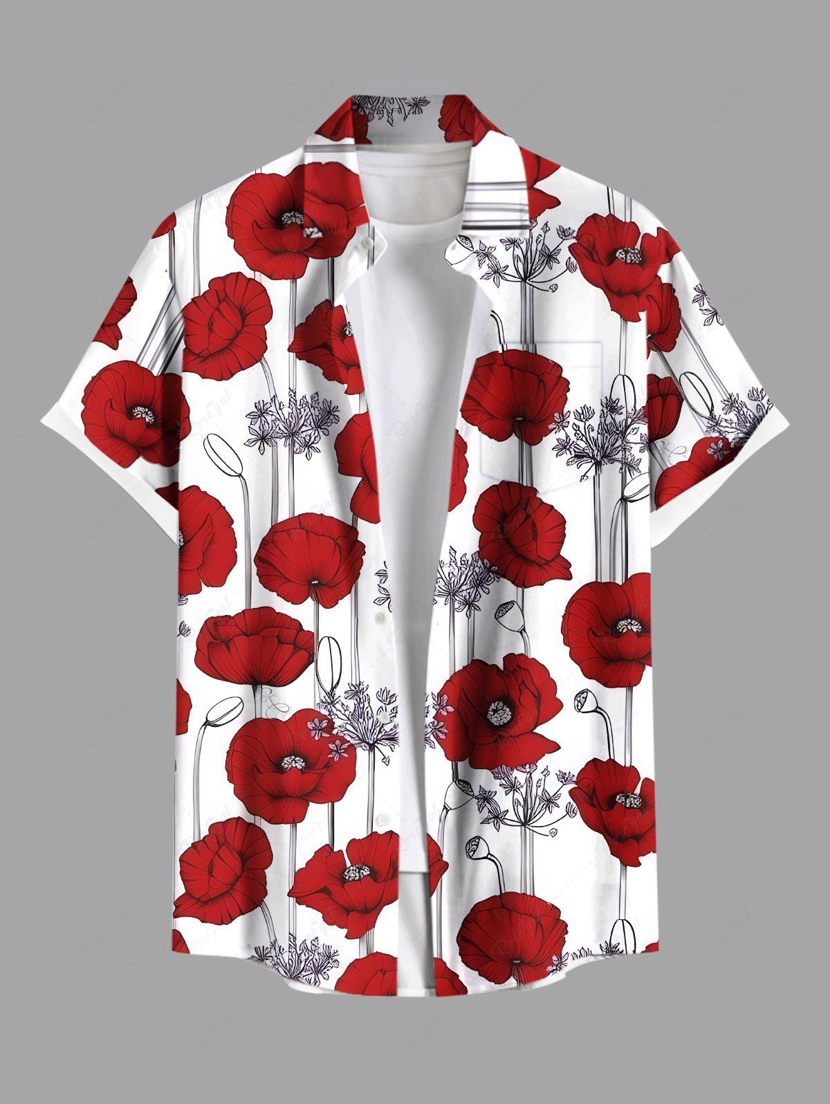 Fancy Plus Size Floral Branch Print Hawaii Button Pocket Shirt For Men  