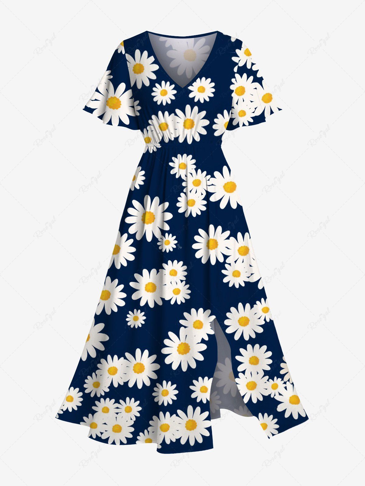 Store Plus Size Daisy Flower Print Hawaii Split Pocket A Line Midi Dress  