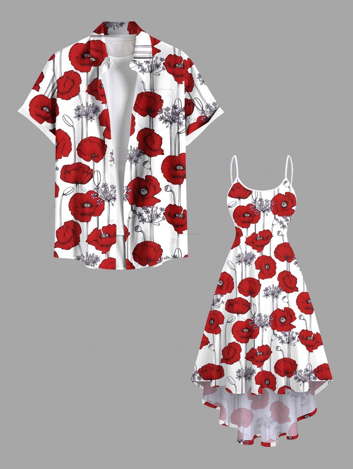 Tenue de plage hawaïenne assortie grande taille à imprimé branches de fleurs pour couples Rouge 