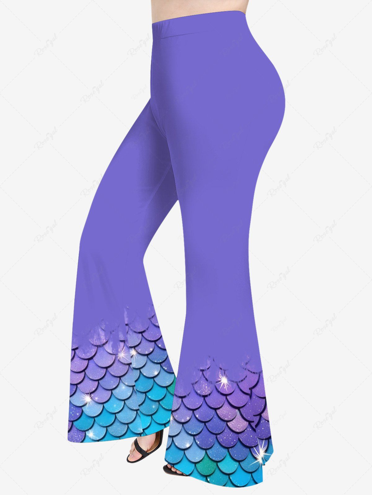Pantalon Evasé 3D Ecaille de Sirène Imprimée de Grande Taille à Paillettes Pourpre  S