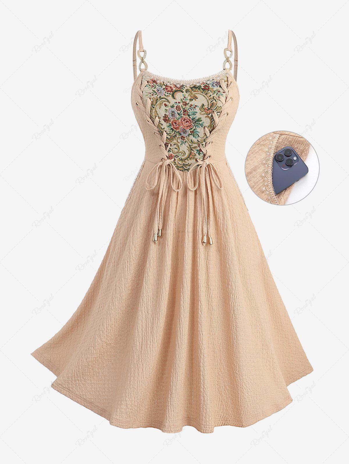 Shop Plus Size Flowers Leaf Print Lace Up Pocket Textured Cami Dress  
