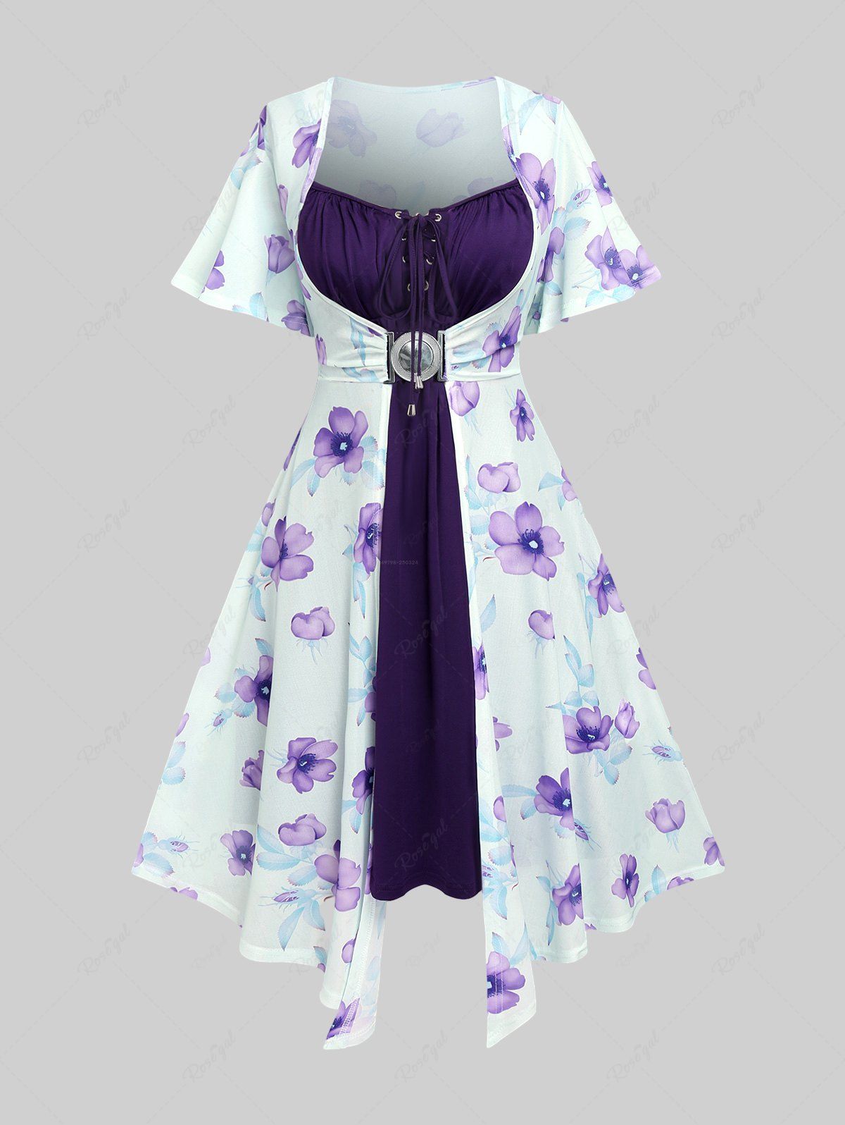 Trendy Plus Size Flutter Sleeves Floral Dress and Lace-up A Line Cami Dress Set  