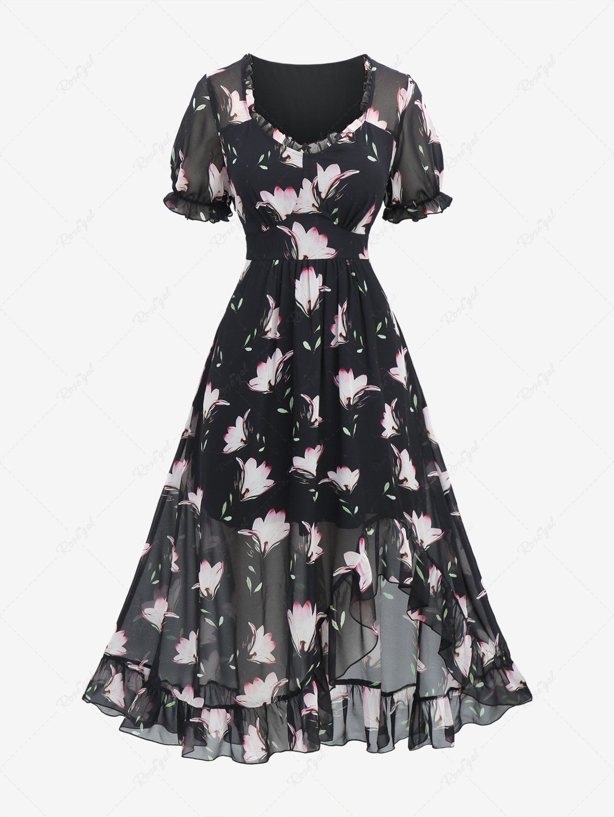 Buy Plus Size Floral Leaf Print Ruffles Layered Chiffon Asymmetric A Line Midi Dress  