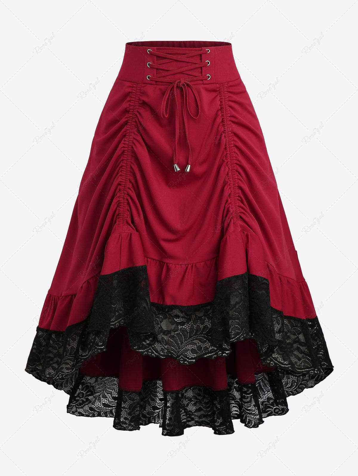 Outfits Gothic Plus Size Floral Lace Trim Lace-up Cinched Two Tone Patchwork A Line Skirt  