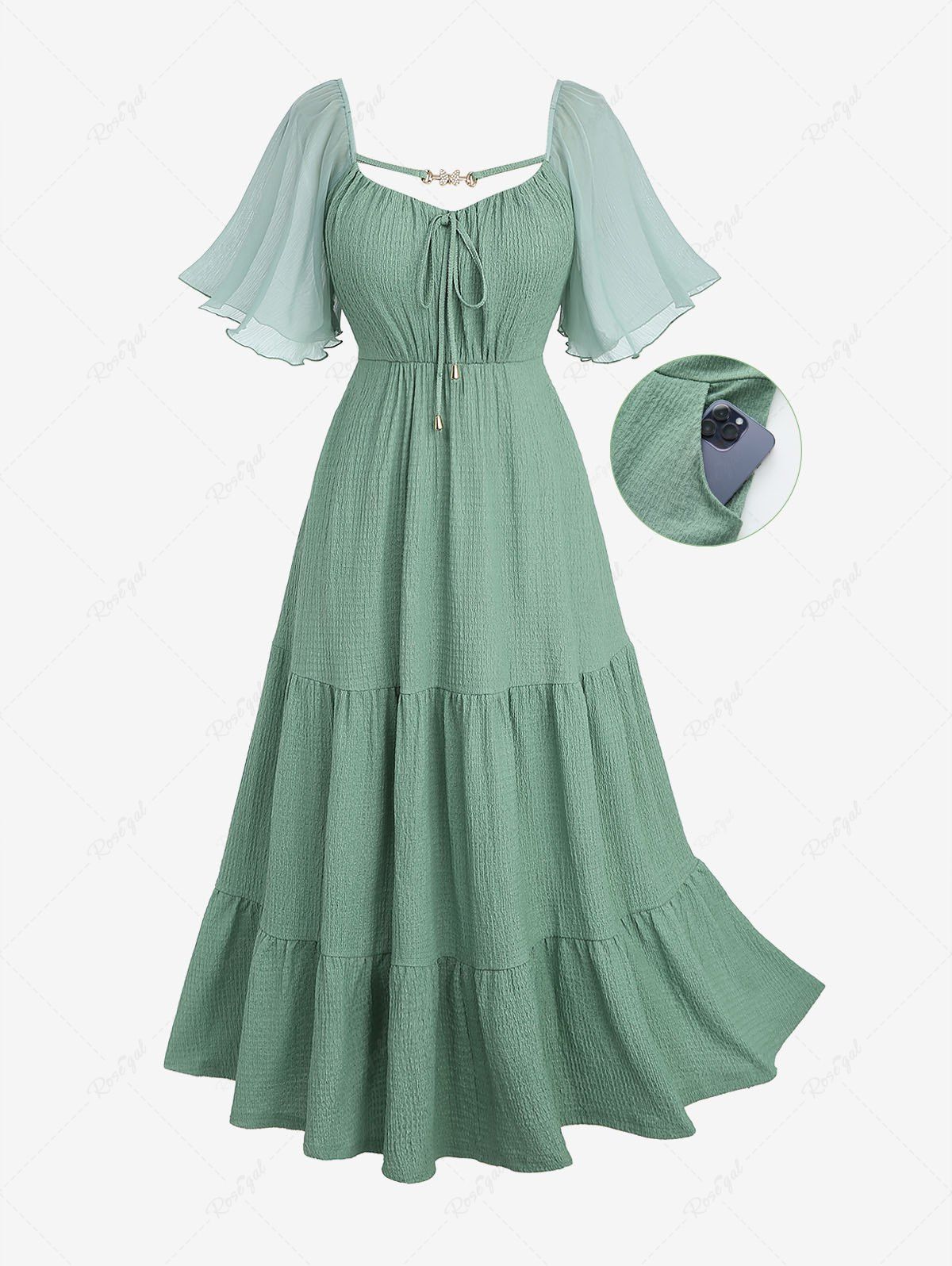 Outfit Plus Size Chiffon Sleeves Textured Tied Butterfly Decor Strap Pockets A Line Dress  
